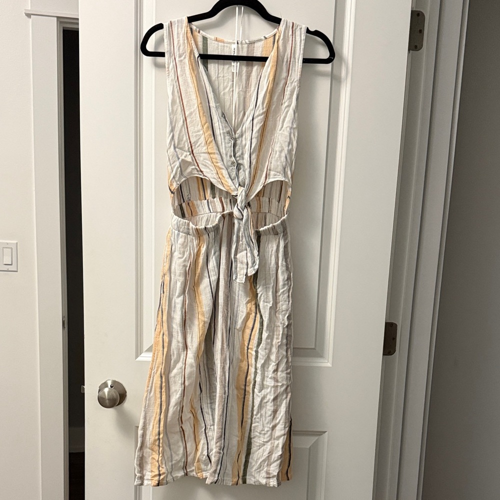 RVCA Button and Tie Front Dress with White and Tan Stripes